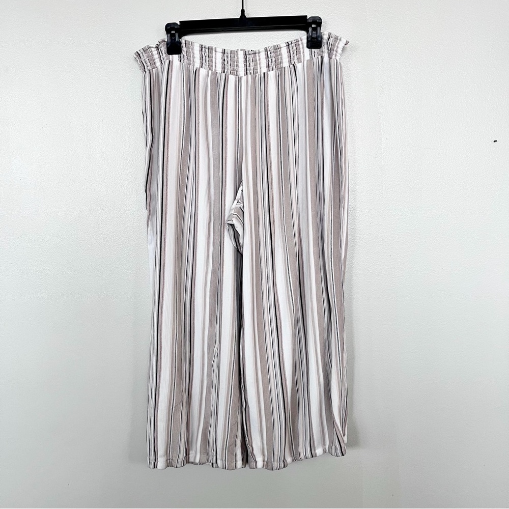 AGB Women's Stripe Wide Leg Classic Fit Pants Pull-On Black/Cream/Tan Plus Sz 2X